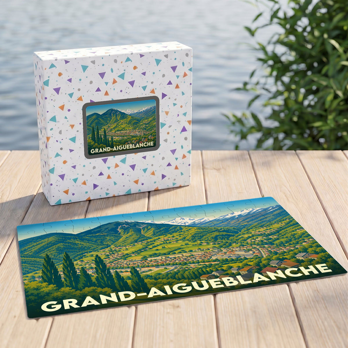 Puzzle souvenir de la ville de Grand-Aigueblanche avec une illustration de paysage montagneux.