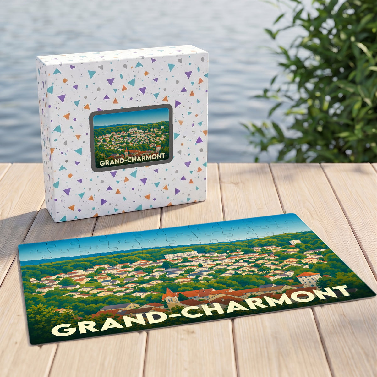 Puzzle souvenir de la ville de Grand-Charmont avec une illustration panoramique stylisée.