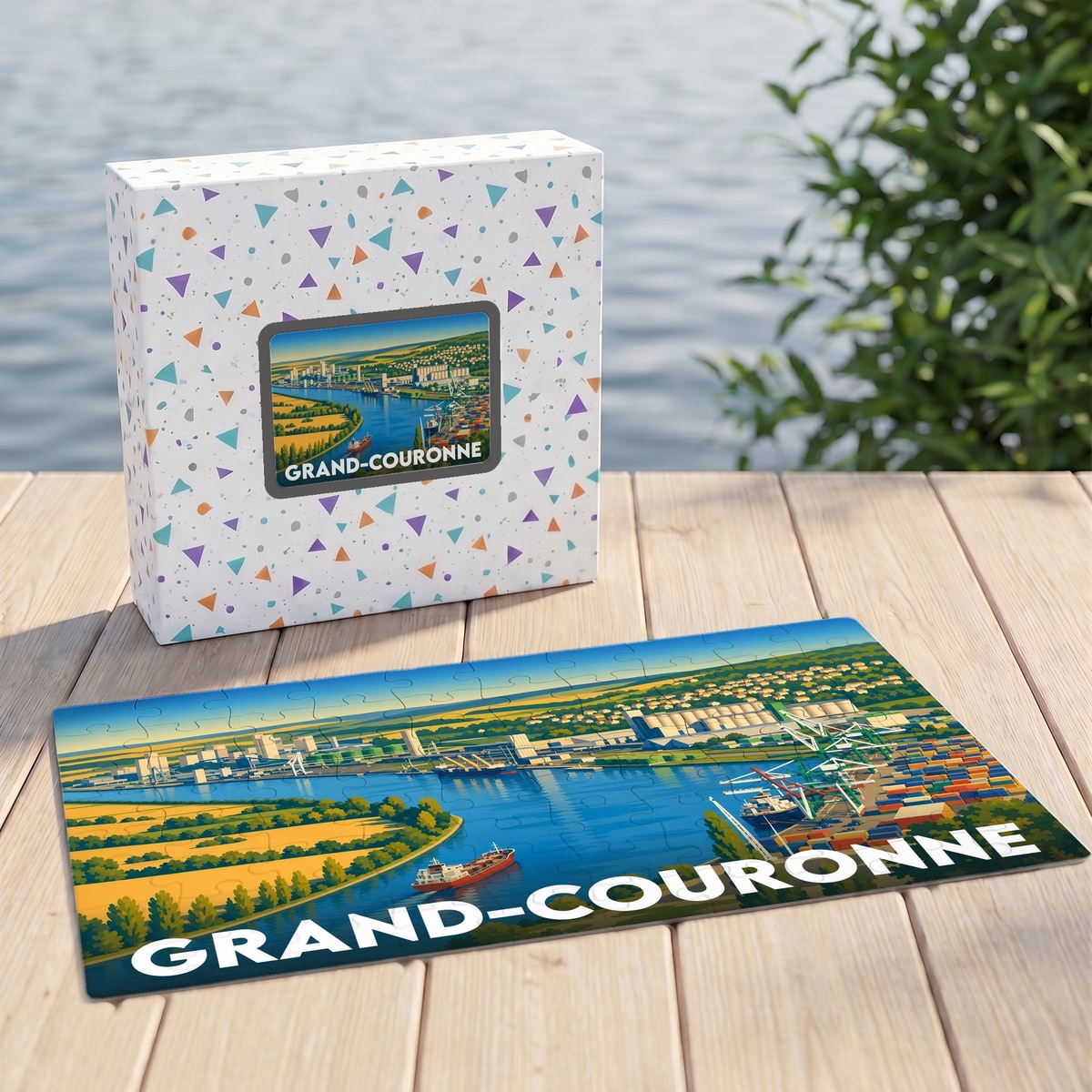 Puzzle souvenir de la ville de Grand-Couronne avec une illustration stylisée de son port industriel et de la Seine.