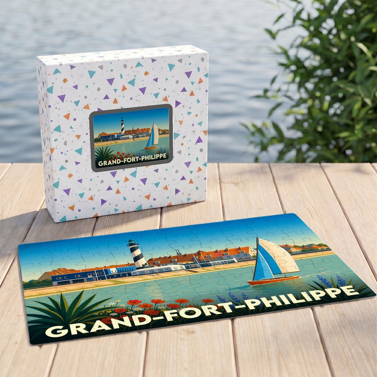 Puzzle souvenir de la ville de Grand-Fort-Philippe avec une illustration stylisée d'un bord de mer.