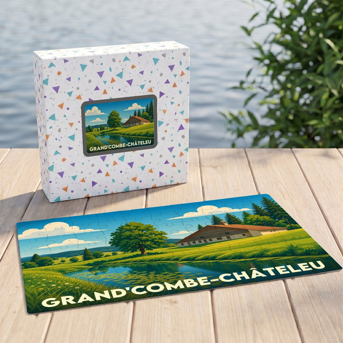 Puzzle souvenir de la commune de Grand'Combe-Châteleu avec une illustration de paysage rural et sa boîte assortie.