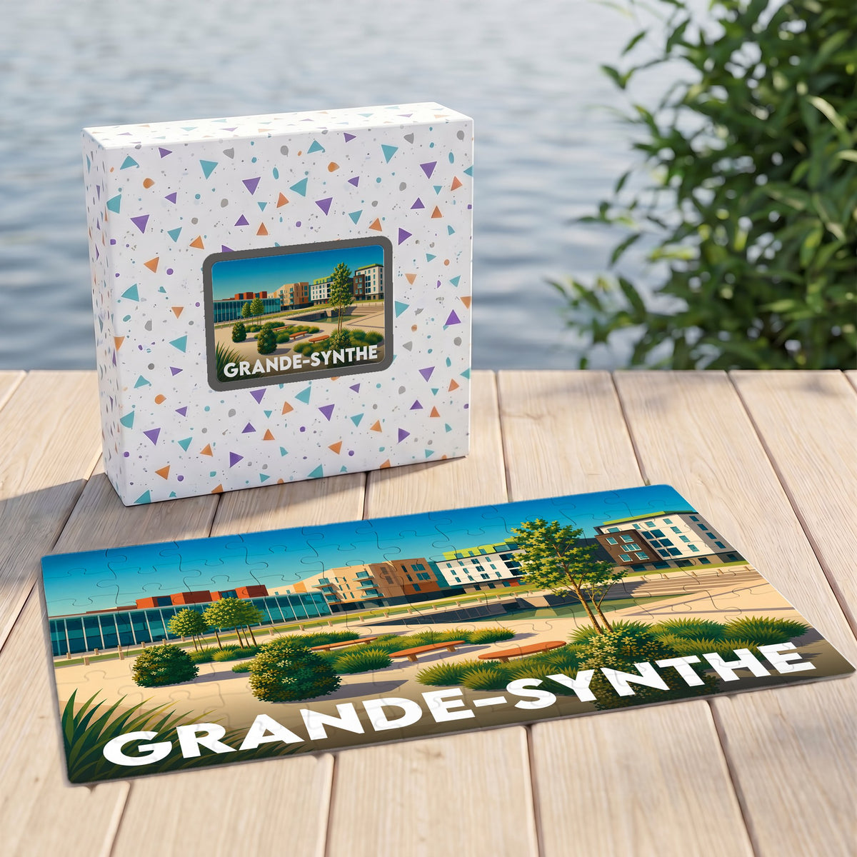 Puzzle souvenir de la ville de Grande-Synthe avec une illustration urbaine et paysagère colorée.