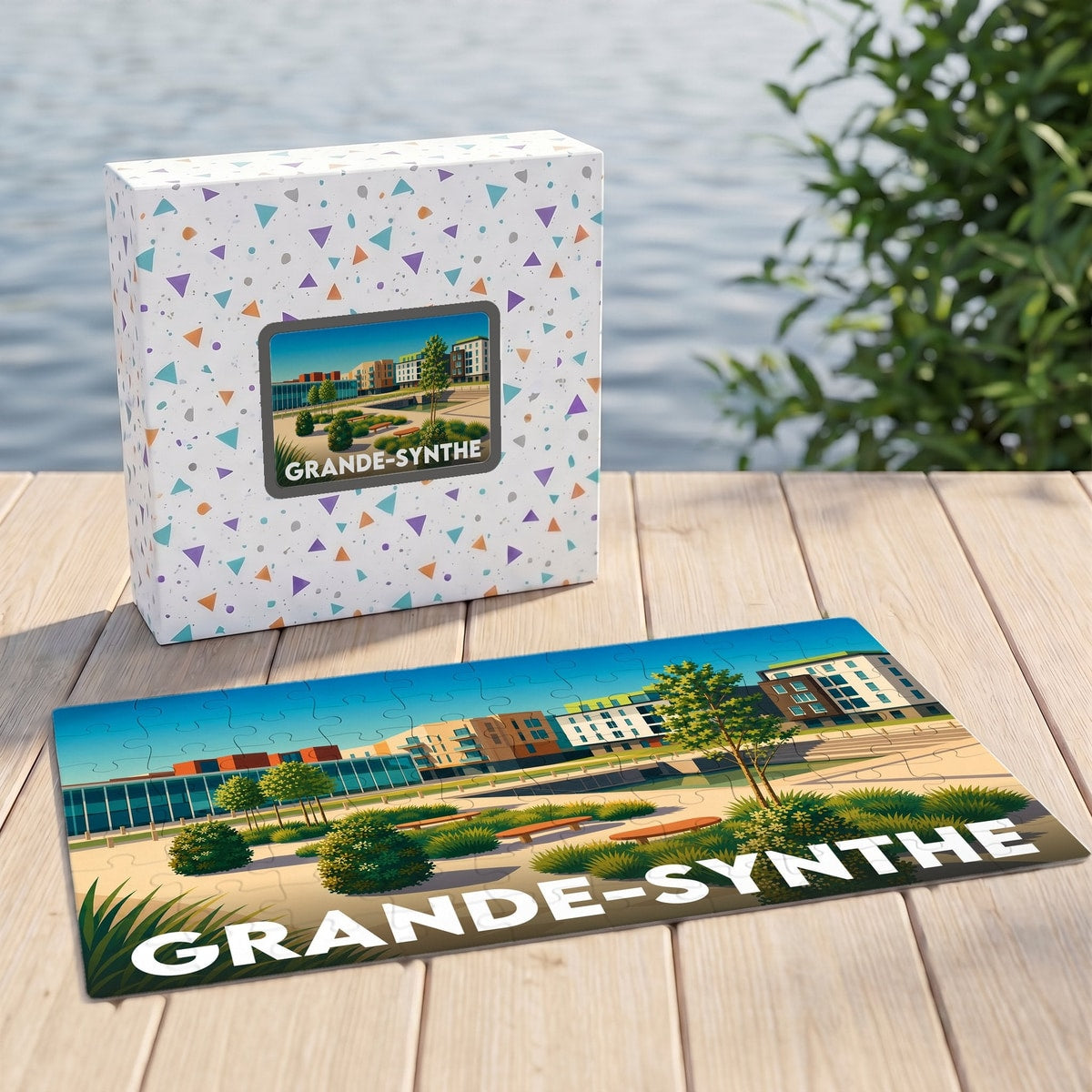 Puzzle souvenir de la ville de Grande-Synthe avec une illustration urbaine et paysagère colorée.