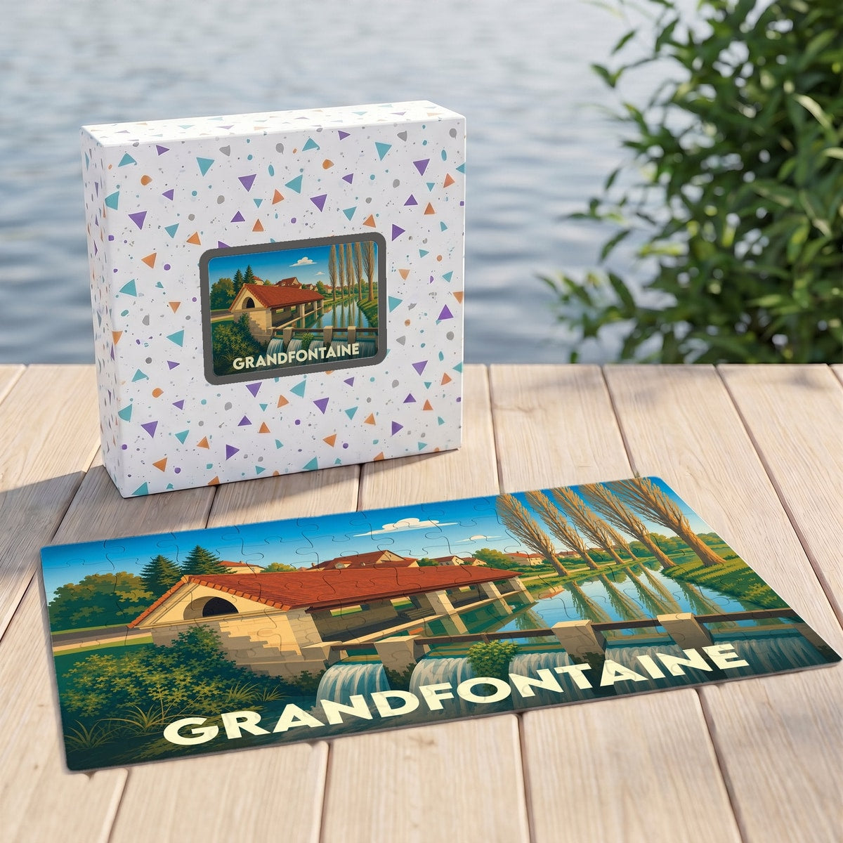 Puzzle souvenir de la ville de Grandfontaine avec une illustration stylisée d'un bâtiment au bord de l'eau.