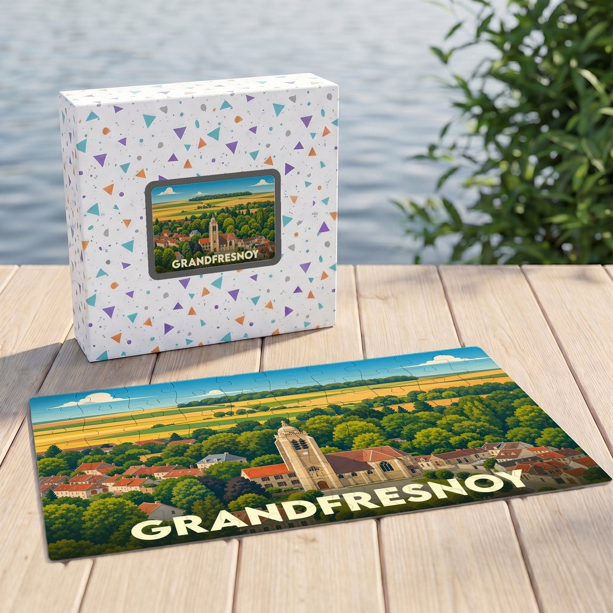 Puzzle souvenir de la ville de Grandfresnoy illustrant un paysage de campagne avec son église.