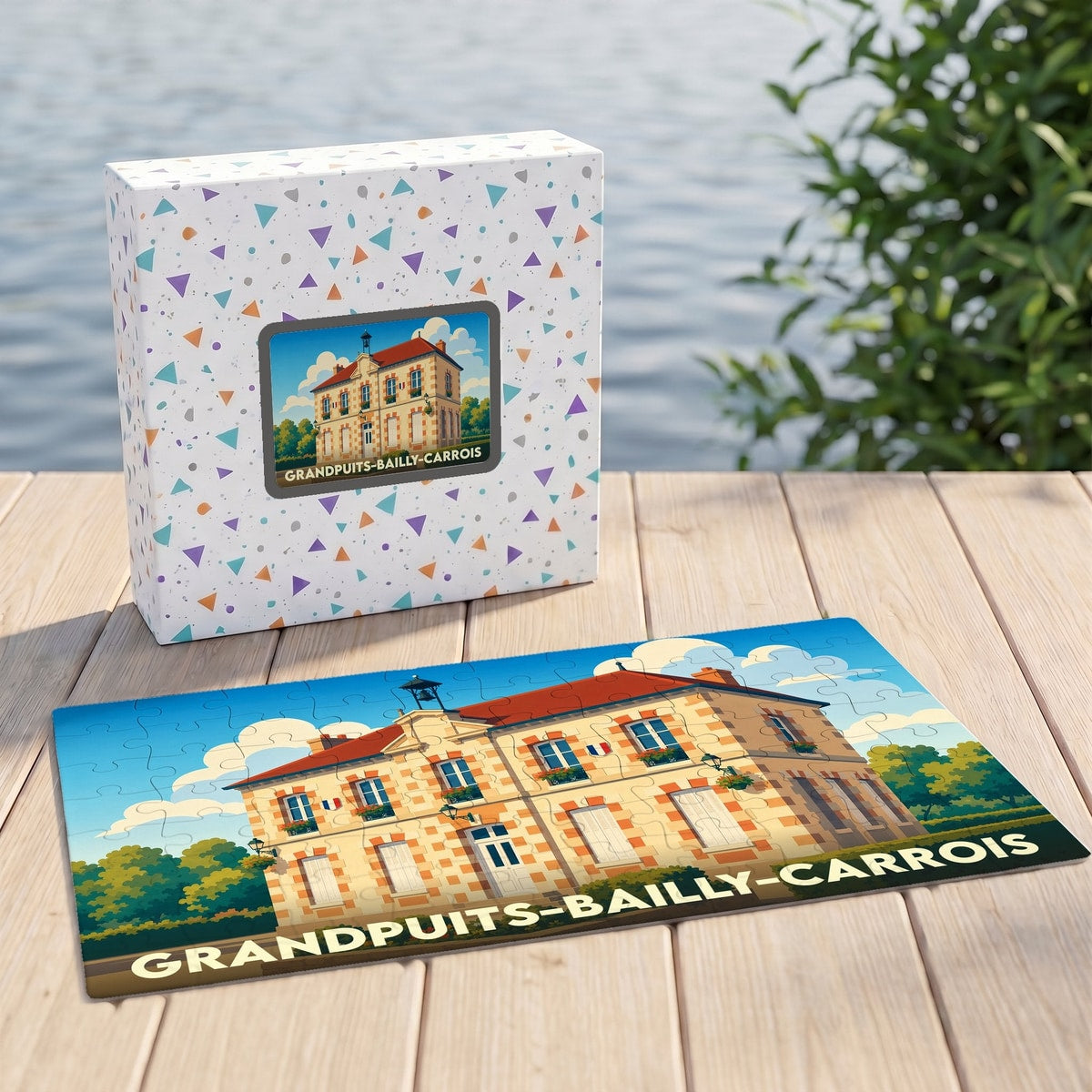 Puzzle souvenir de la commune de Grandpuits-Bailly-Carrois avec son carton d'emballage et une illustration stylisée de la mairie.