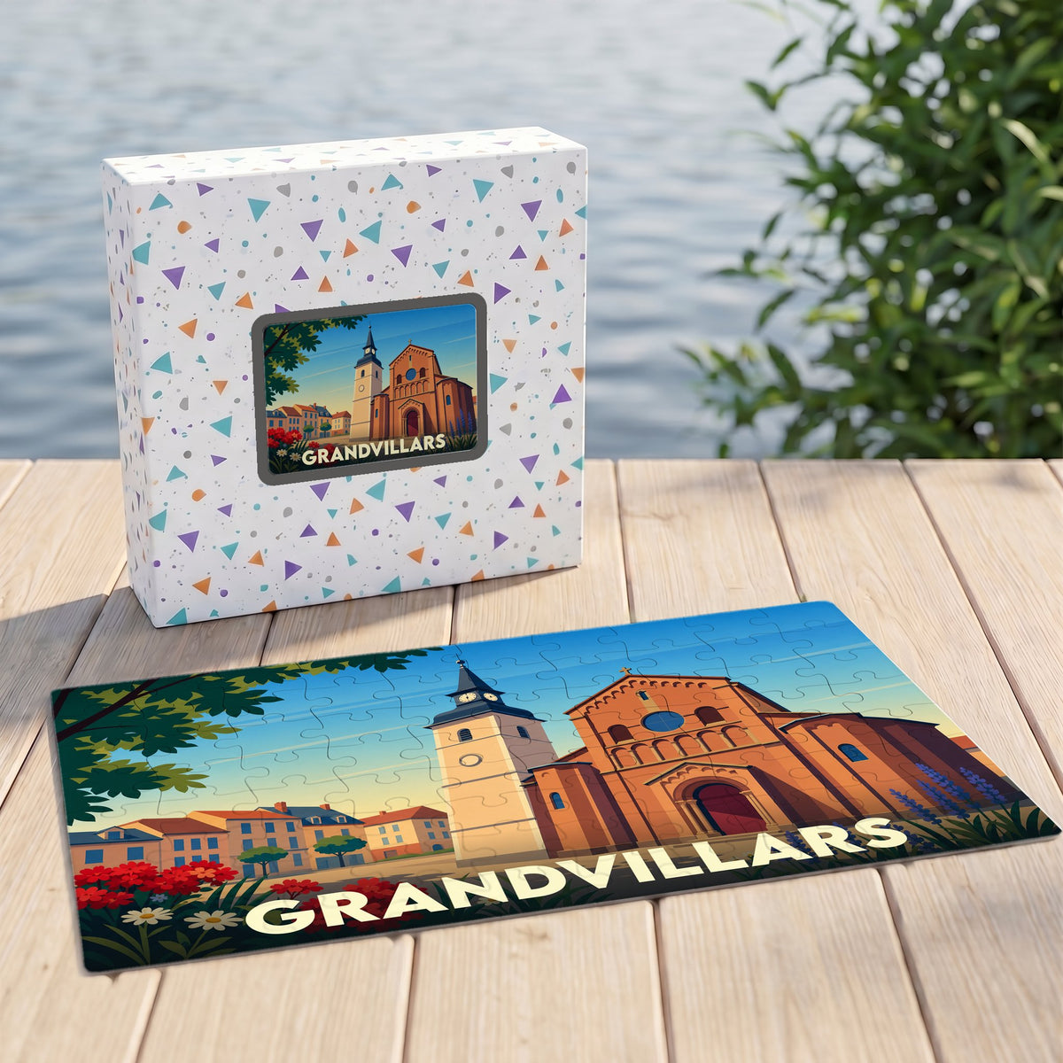 Puzzle souvenir de la ville de Grandvillars avec une illustration stylisée de son église et de son clocher.