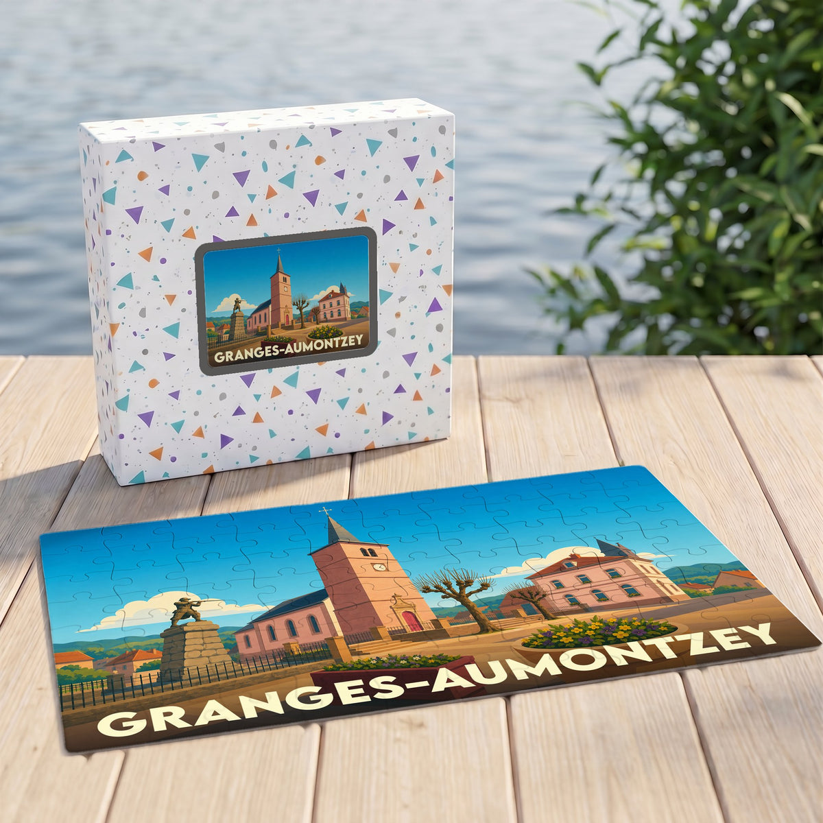 Puzzle souvenir de la ville de Granges-Aumontzey avec une illustration stylisée des monuments locaux.