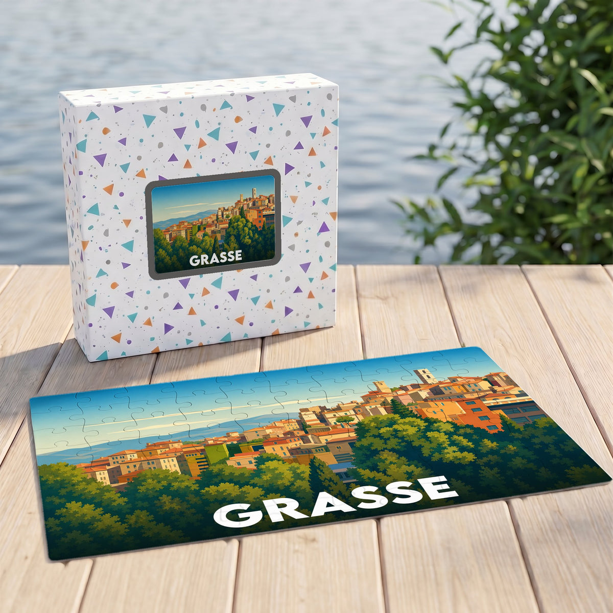 Puzzle souvenir de la ville de Grasse avec une illustration colorée et stylisée d'un paysage urbain provençal.