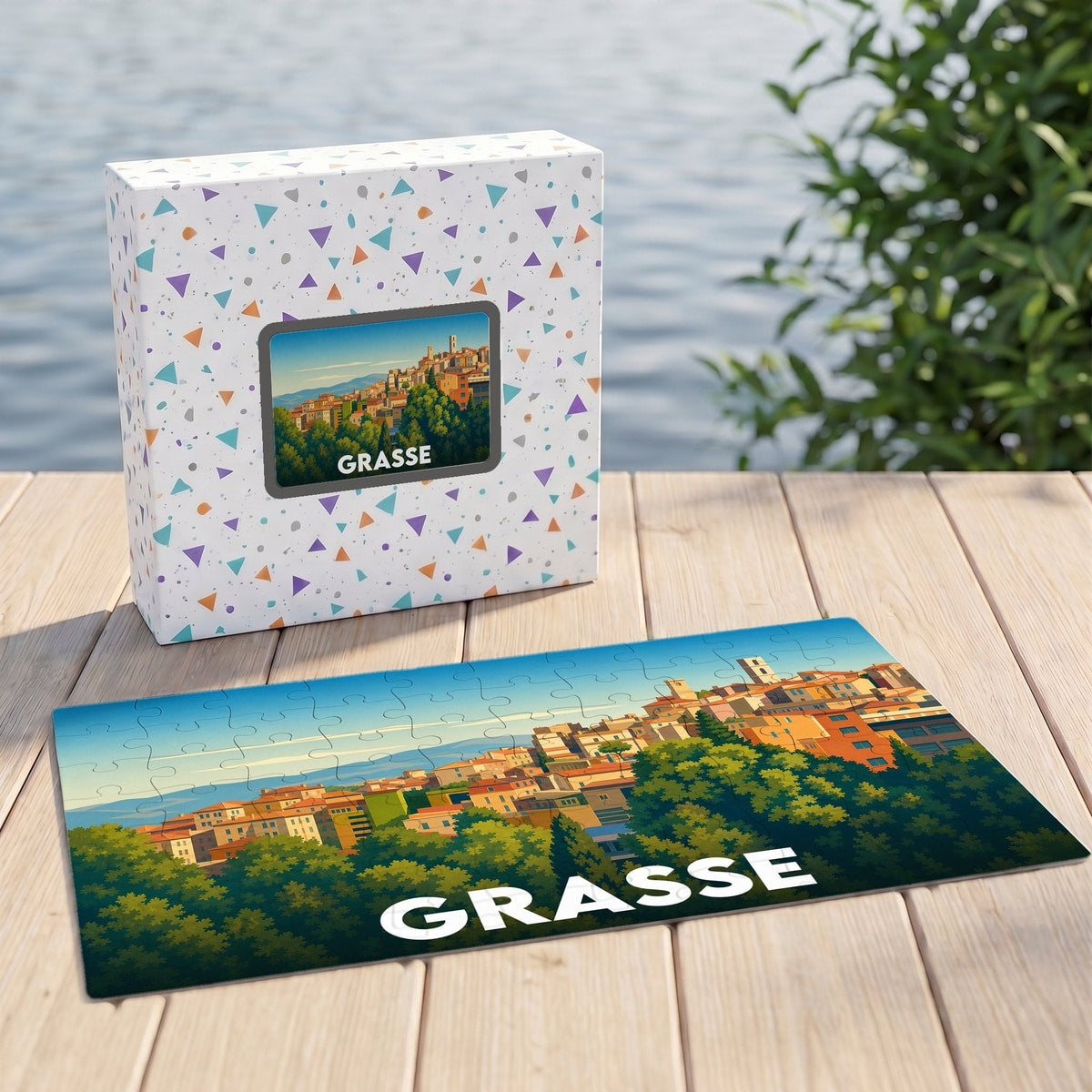 Puzzle souvenir de la ville de Grasse avec une illustration colorée et stylisée d'un paysage urbain provençal.
