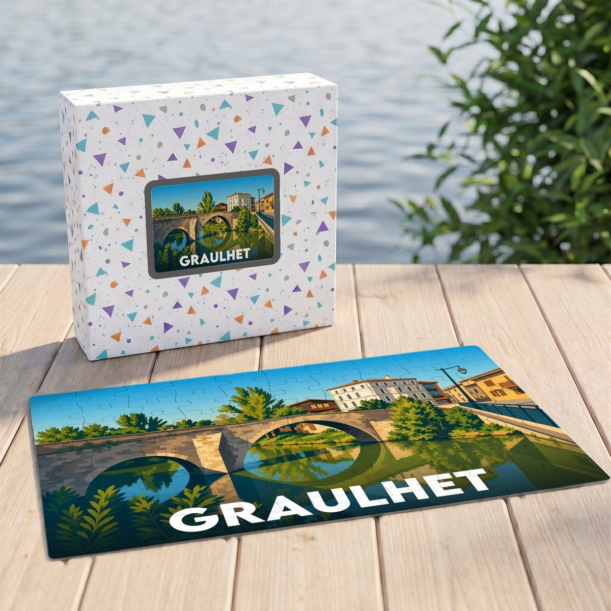 Puzzle souvenir de la ville de Graulhet avec une illustration stylisée représentant son pont emblématique.
