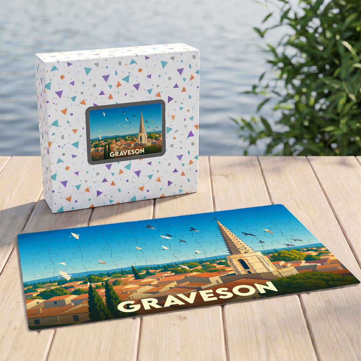 Puzzle souvenir de la ville de Graveson avec une illustration stylisée et colorée.