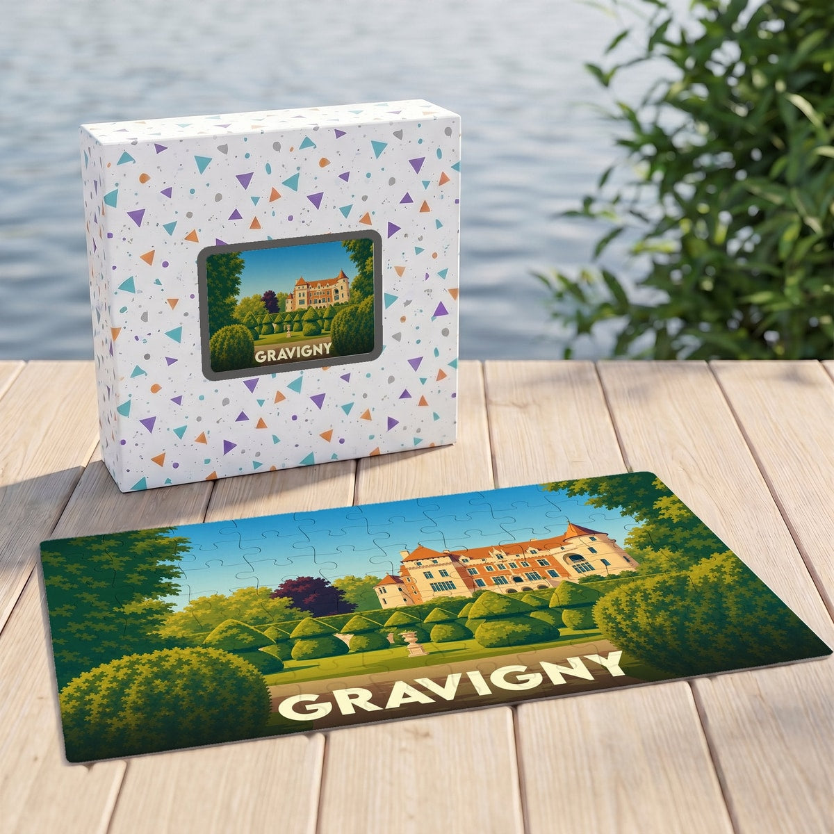 Puzzle souvenir de la ville de Gravigny représentant une illustration stylisée de son château et de ses jardins.