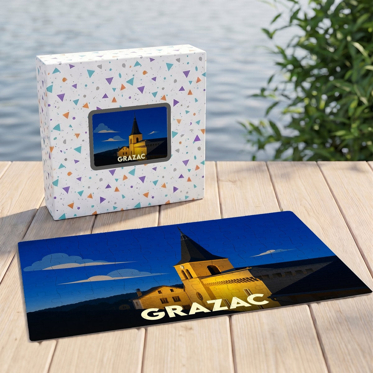Puzzle souvenir de la ville de Grazac avec une illustration stylisée.