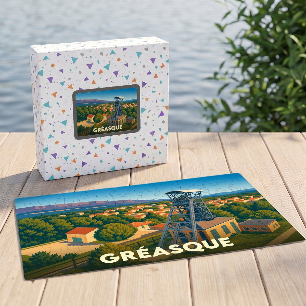 Puzzle souvenir de la ville de Gréasque avec une illustration stylisée d'un puits de mine historique.