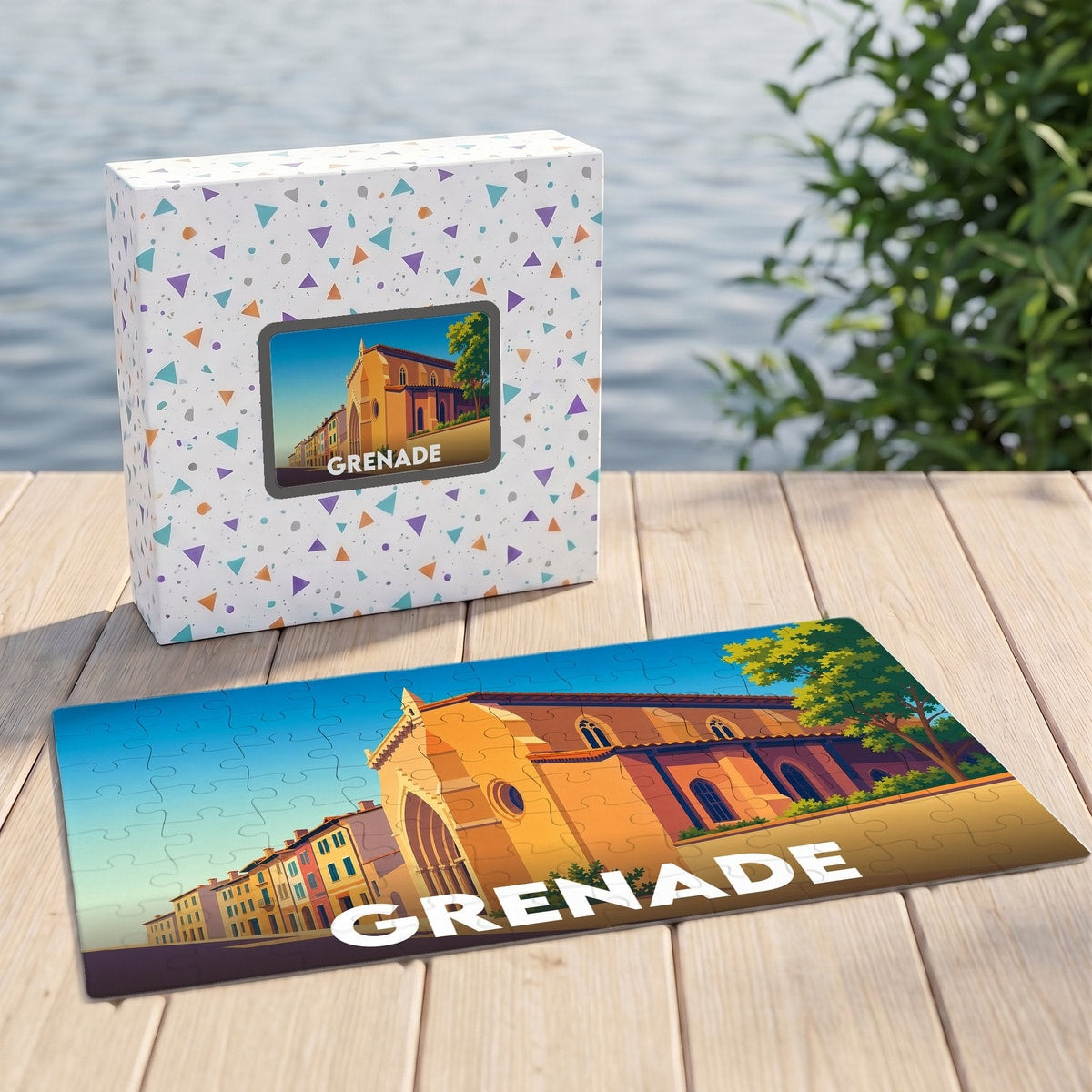 Puzzle souvenir de la ville de Grenade avec une illustration stylisée d'une église sous le soleil.