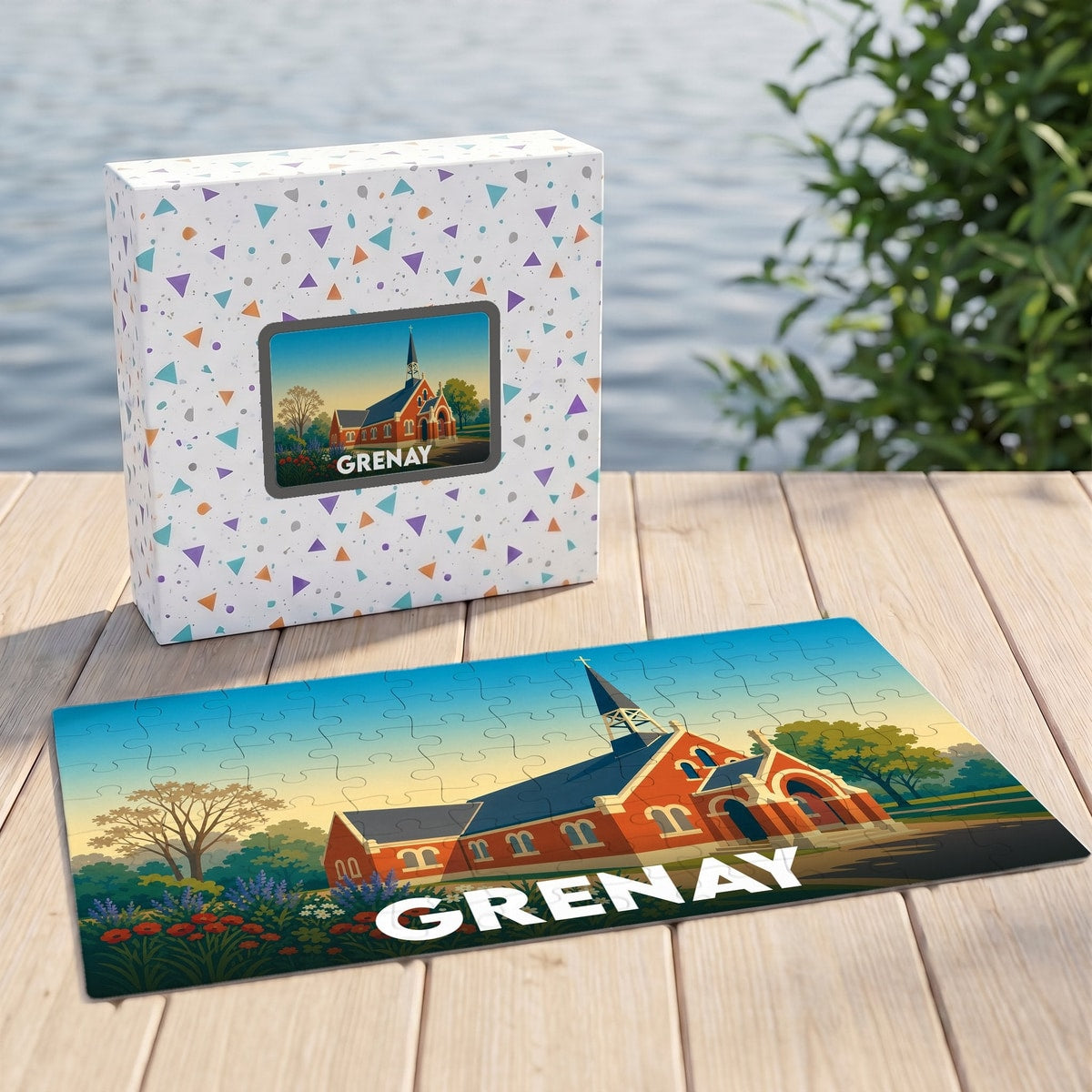 Puzzle souvenir de la ville de Grenay avec une illustration stylisée d'un bâtiment en briques rouges.