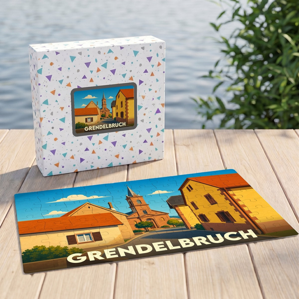 Puzzle souvenir de la ville de Grendelbruch illustrant un paysage urbain coloré et stylisé.