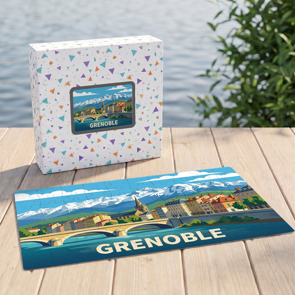 Puzzle souvenir de la ville de Grenoble avec son illustration stylisée de la rivière Isère et des Alpes.