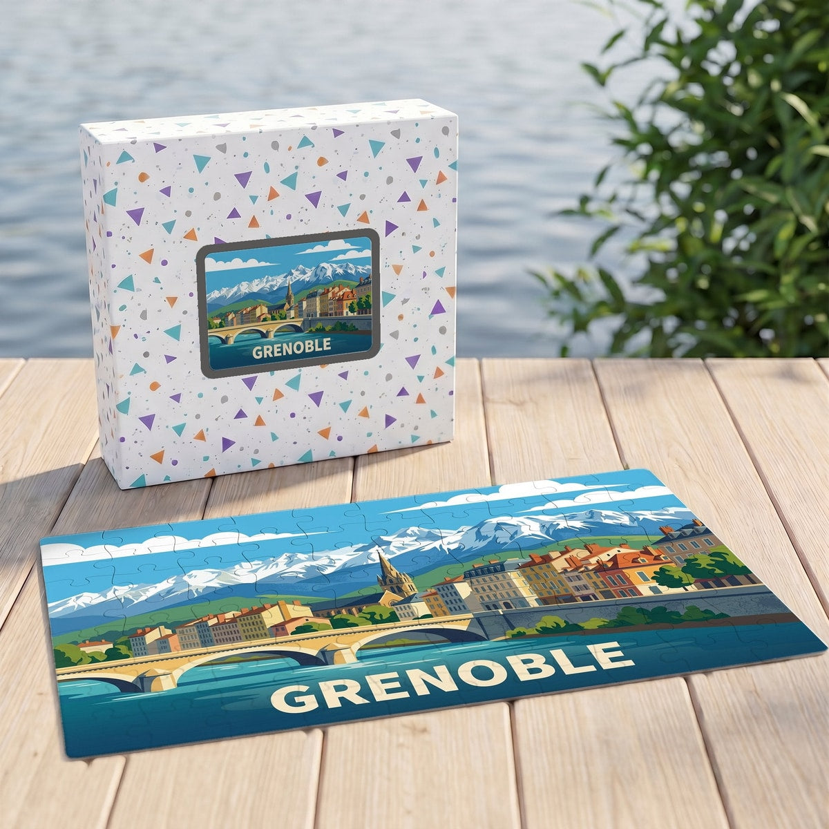 Puzzle souvenir de la ville de Grenoble avec son illustration stylisée de la rivière Isère et des Alpes.