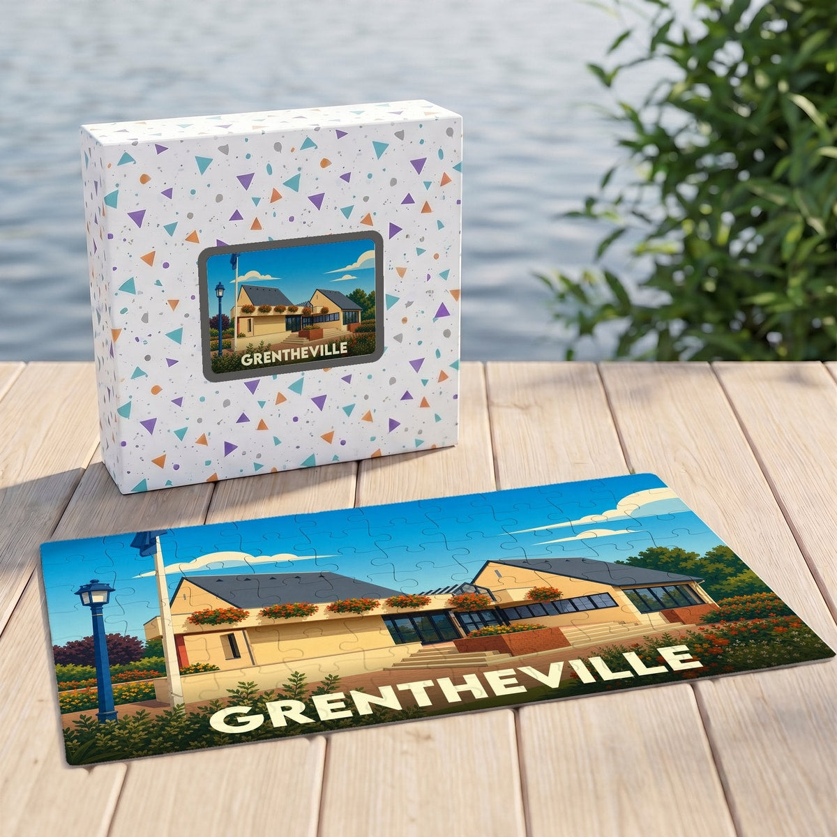 Puzzle souvenir de la ville de Grentheville avec une illustration stylisée.