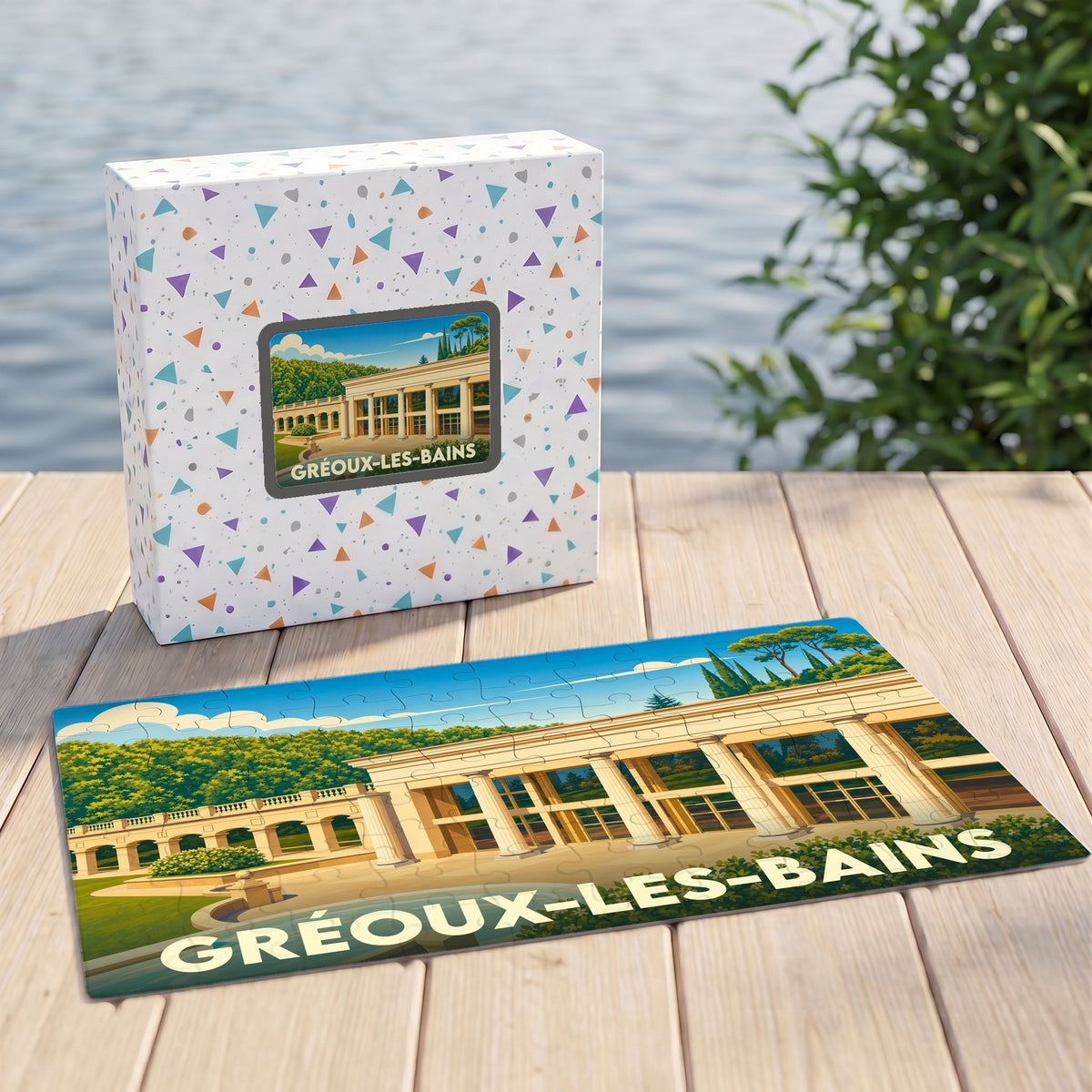 Puzzle souvenir de la ville de Gréoux-les-Bains avec une illustration stylisée de ses thermes.