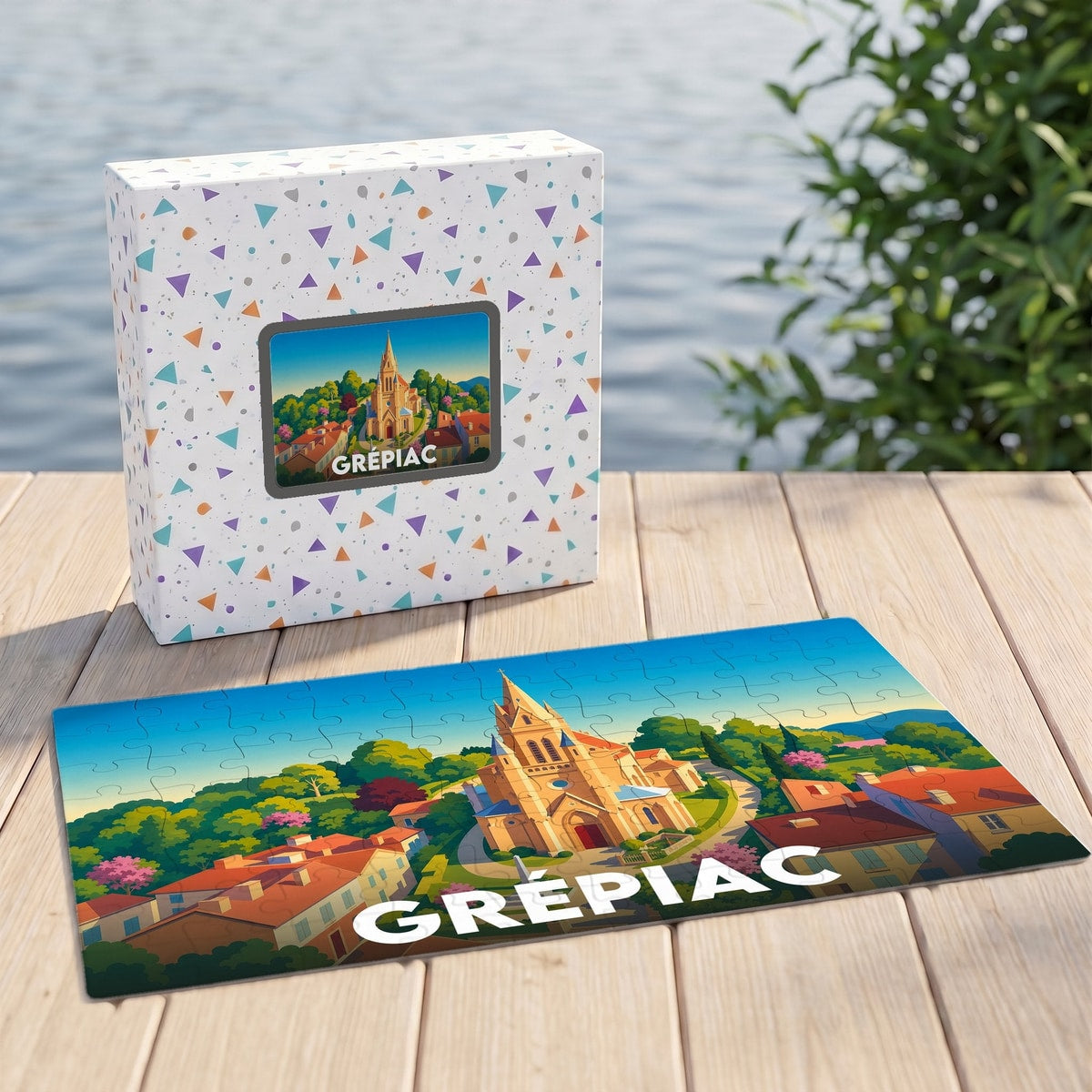 Puzzle souvenir de la ville de Grépiac avec une illustration stylisée et colorée.