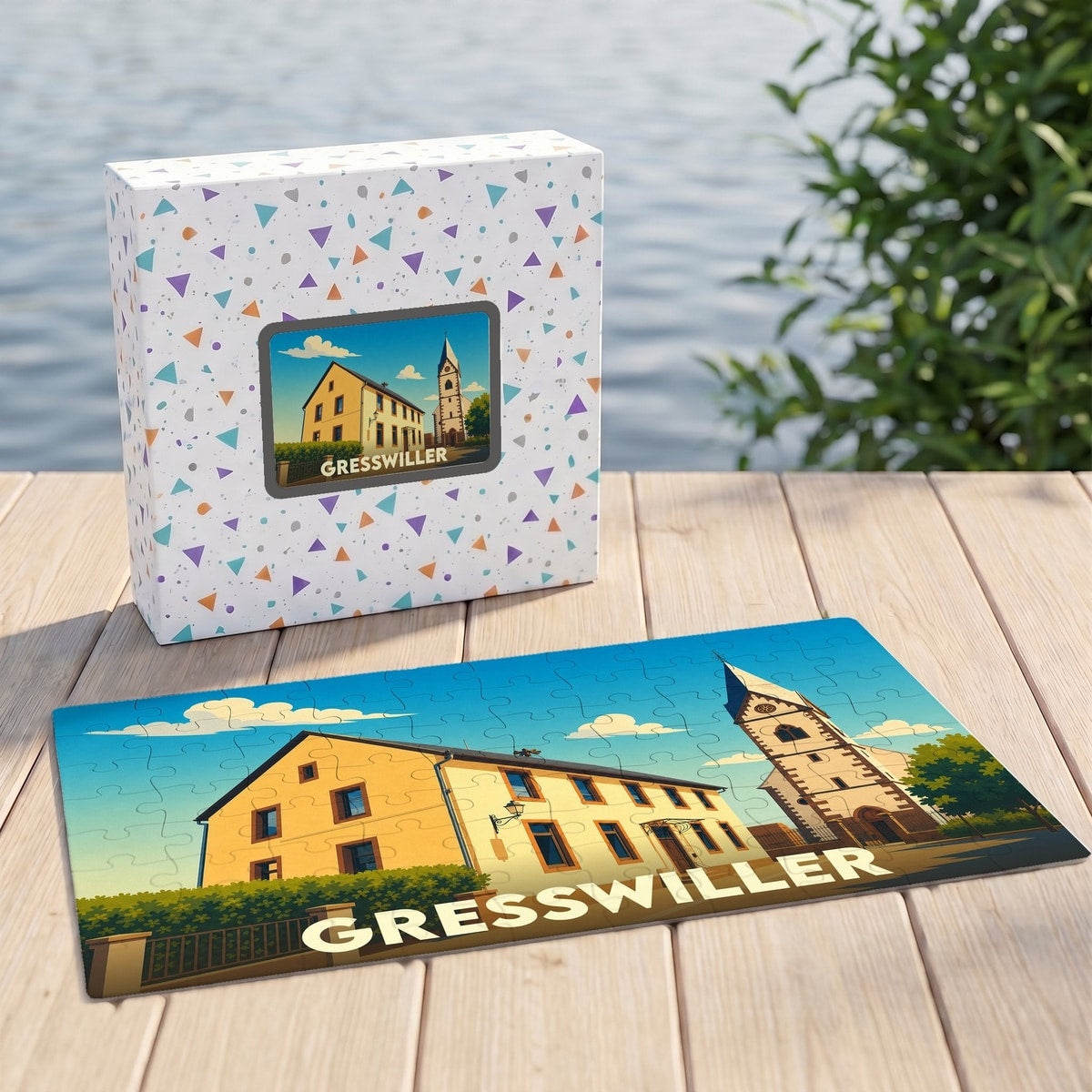 Puzzle souvenir de la ville de Gresswiller avec une illustration stylisée.