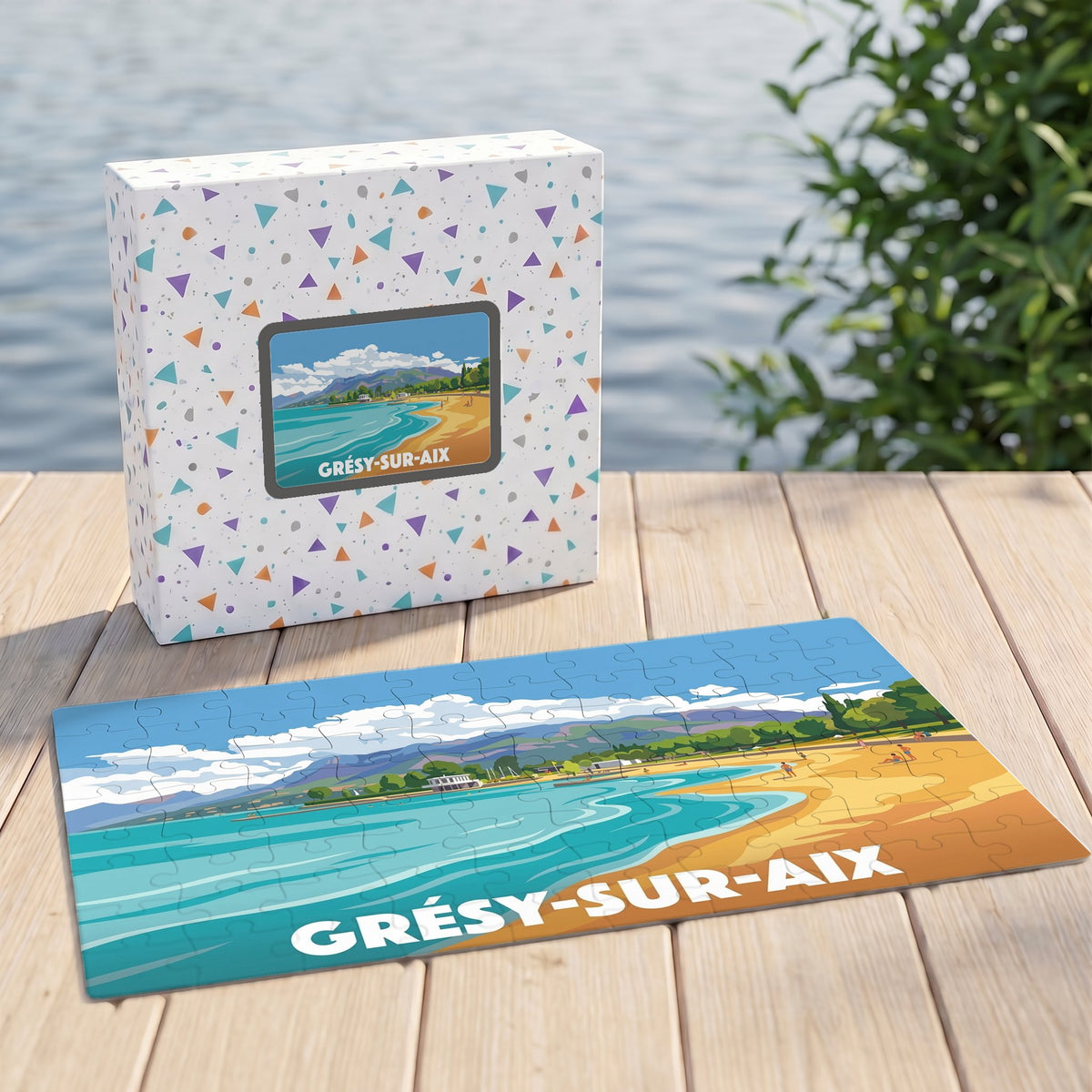 Puzzle souvenir de la ville de Grésy-sur-Aix avec une illustration stylisée d'une plage au bord d'un lac.