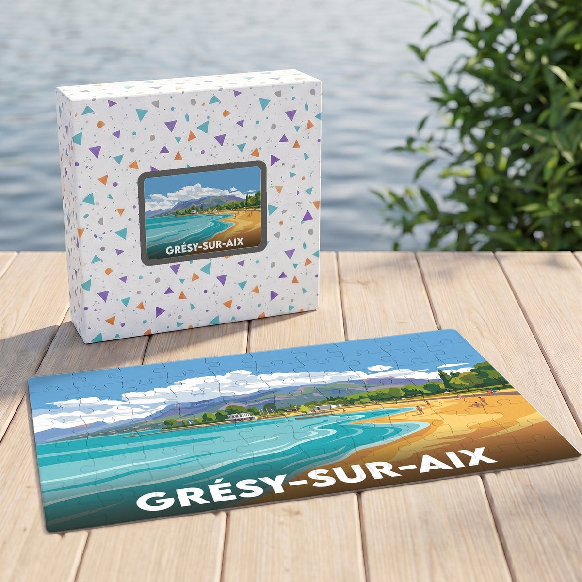 Puzzle souvenir de la ville de Grésy-sur-Aix avec une illustration stylisée d'une plage au bord d'un lac.