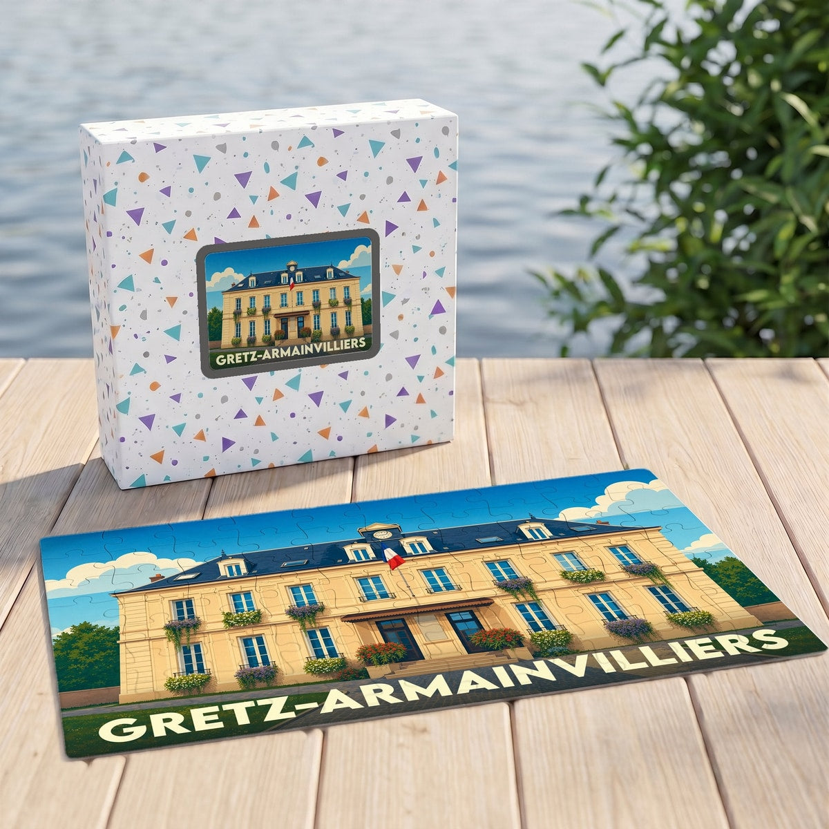Puzzle souvenir de la ville de Gretz-Armainvilliers avec une illustration stylisée de l'hôtel de ville.