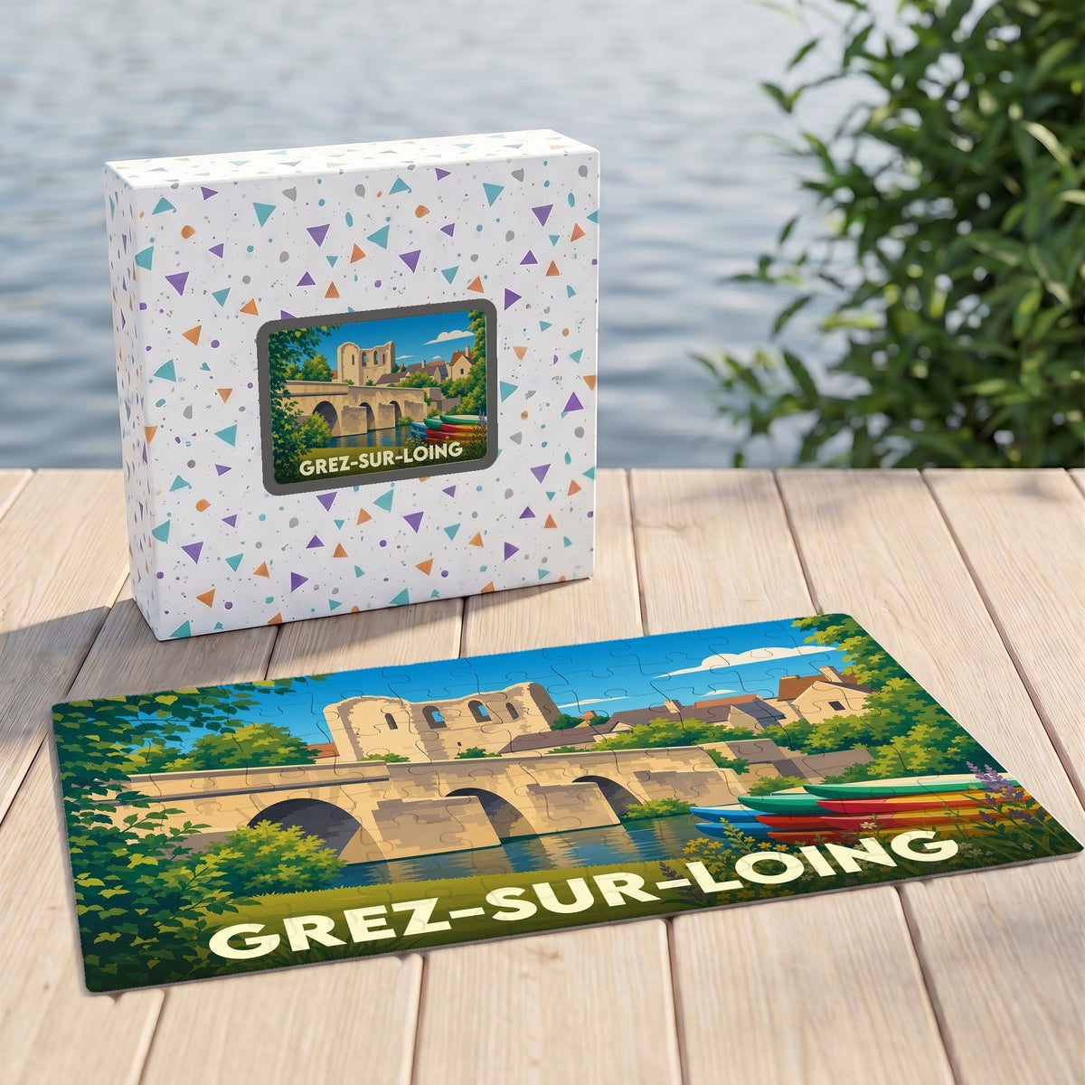 Puzzle souvenir de la ville de Grez-sur-Loing illustré par une scène pittoresque de son pont et de ses ruines.