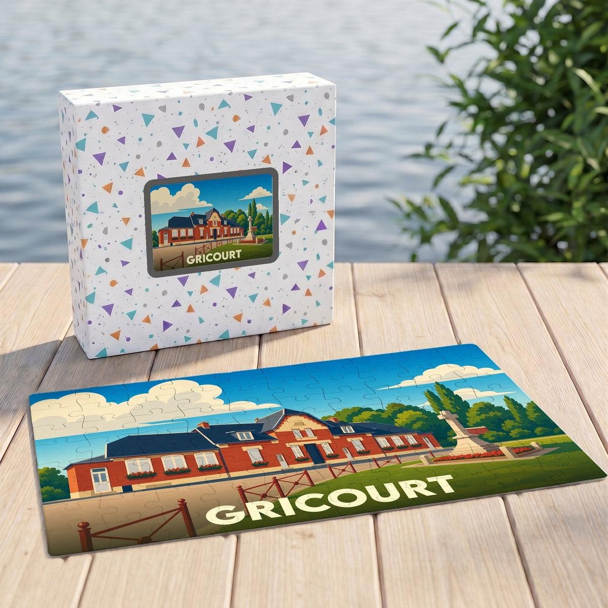 Puzzle souvenir de la ville de Gricourt avec une illustration stylisée d'un bâtiment emblématique.