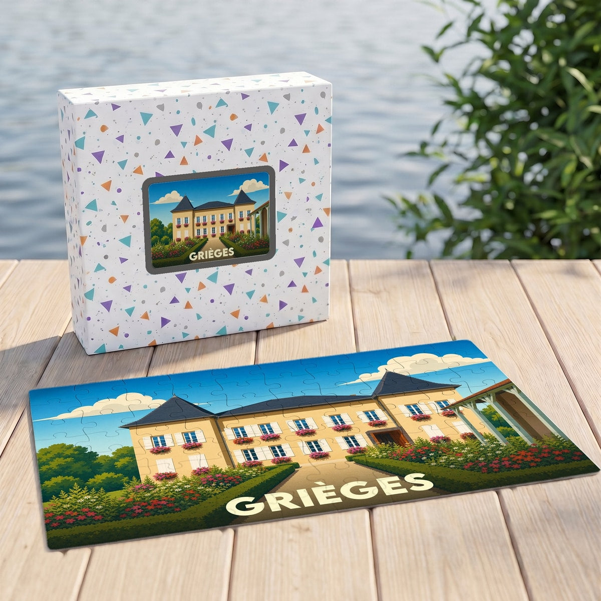 Puzzle souvenir de la ville de Grièges illustré d'un château fleuri, présenté avec sa boîte sur une table en bois.