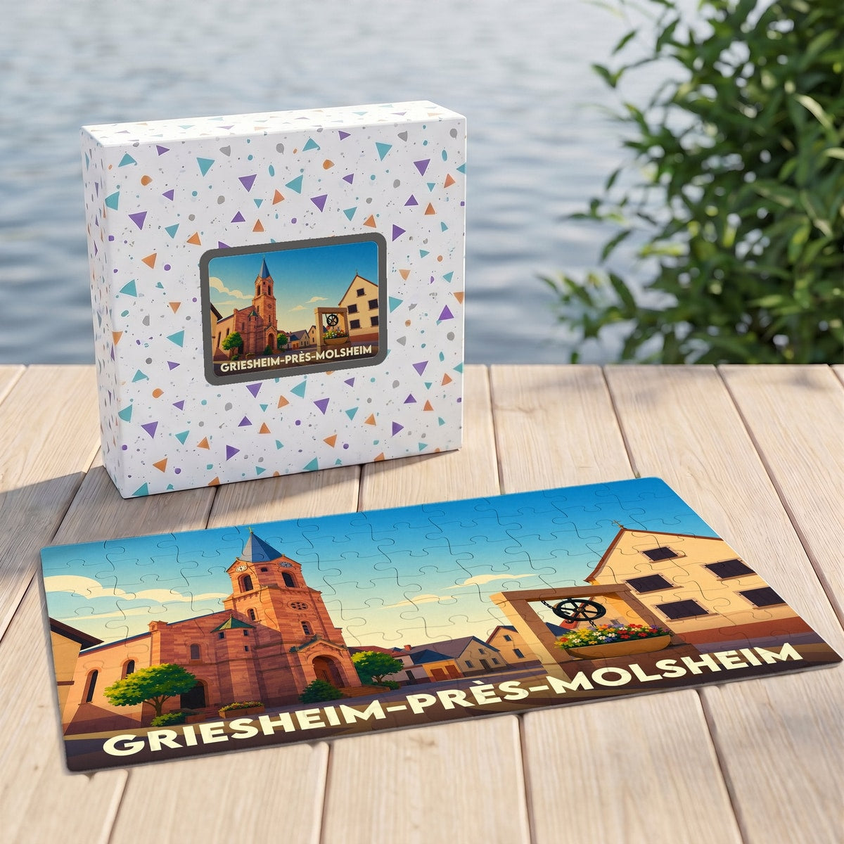 Puzzle souvenir de la ville de Griesheim-près-Molsheim avec une illustration stylisée de son église et de son puits typique.