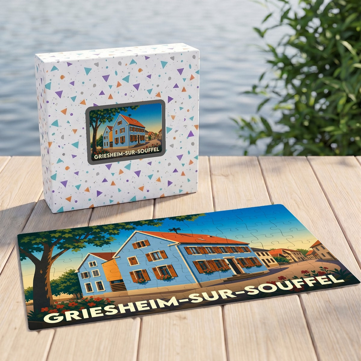 Puzzle souvenir de la ville de Griesheim-sur-Souffel avec une illustration stylisée de maisons alsaciennes.
