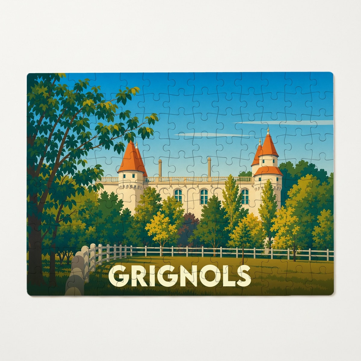 Puzzle souvenir de la ville de Grignols représentant son château entouré de verdure dans un style graphique épuré.