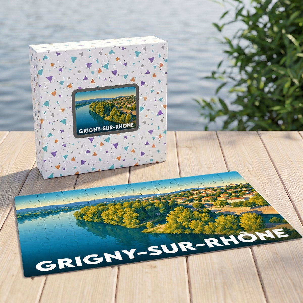 Puzzle souvenir de la ville de Grigny-sur-Rhône avec une illustration stylisée des bords du Rhône.