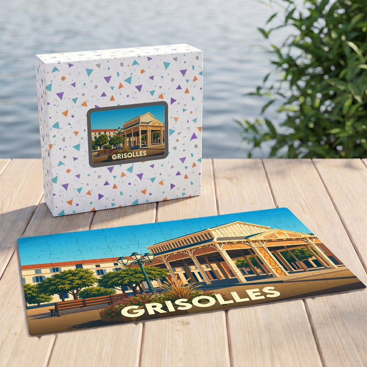 Puzzle souvenir de la ville de Grisolles avec une illustration stylisée de son marché couvert.