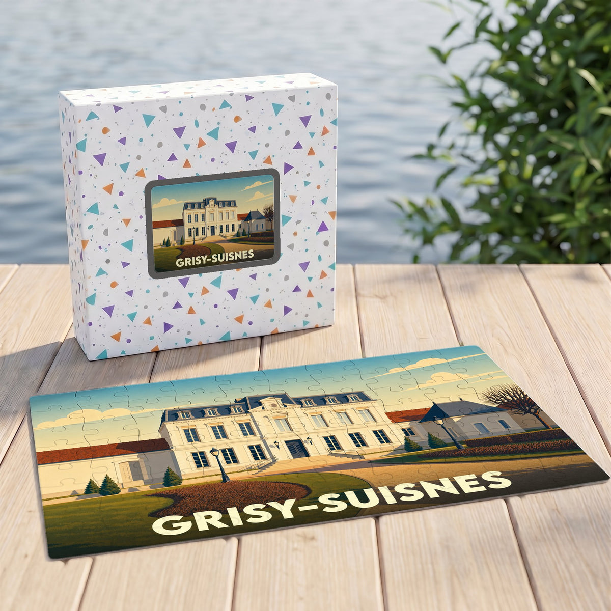 Puzzle souvenir de la ville de Grisy-Suisnes avec une illustration stylisée d'un château.