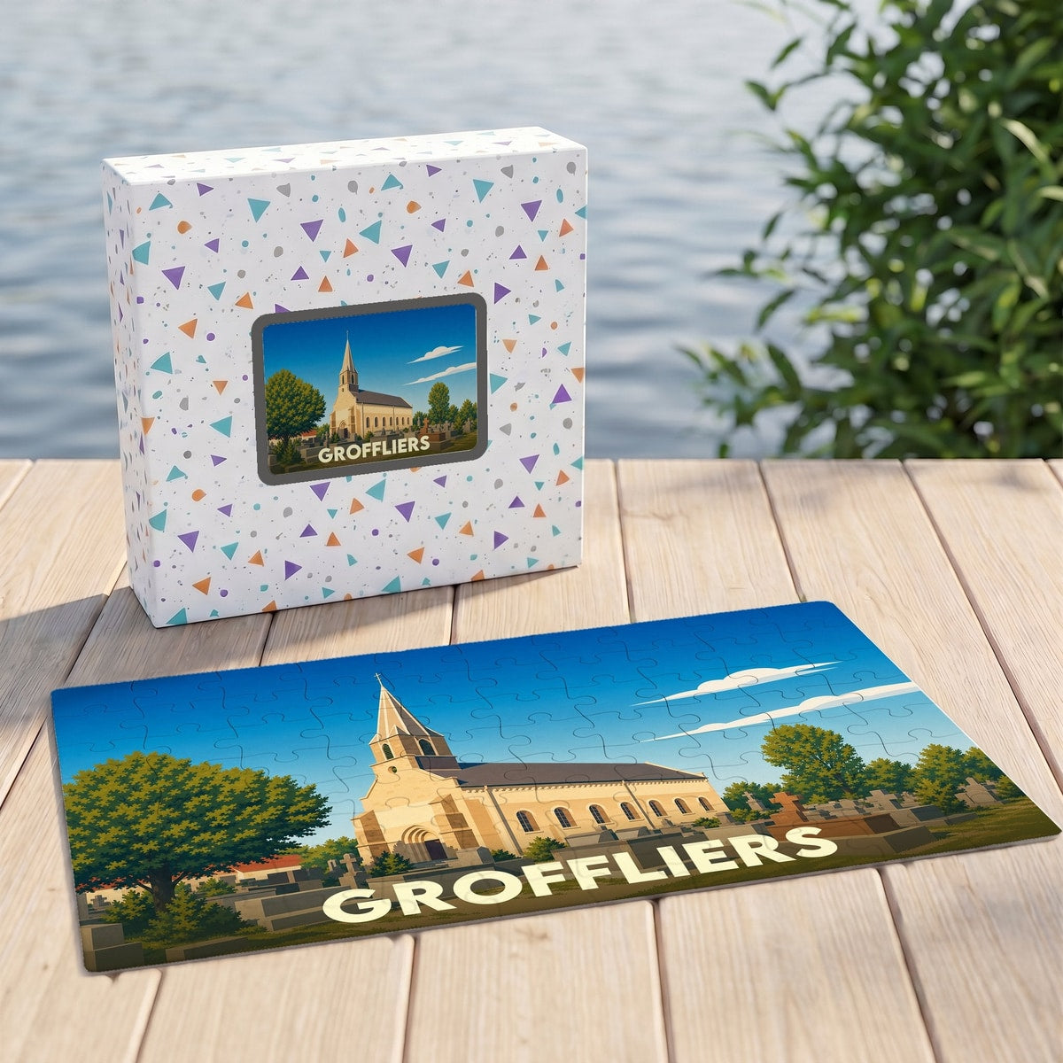 Puzzle souvenir de la ville de Groffliers avec une illustration stylisée d'une église sous un ciel bleu.
