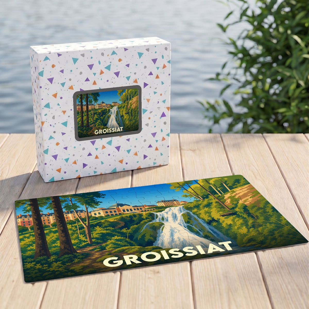 Puzzle souvenir de la ville de Groissiat avec une illustration stylisée d'un paysage naturel.