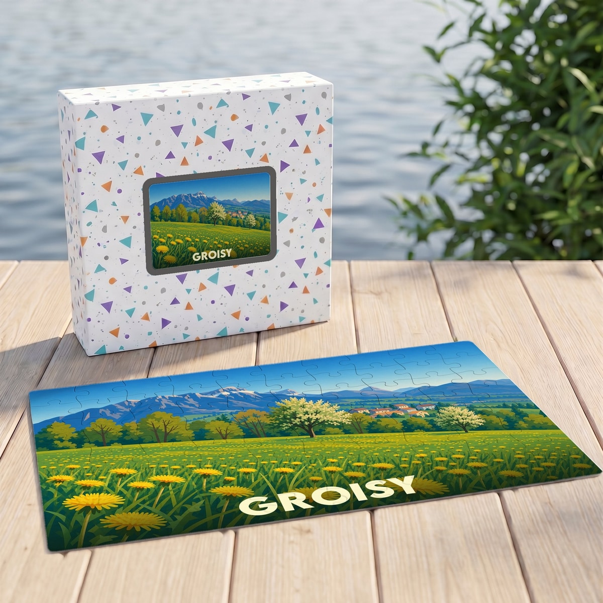 Puzzle souvenir de la ville de Groisy représentant un paysage de montagne fleuri.