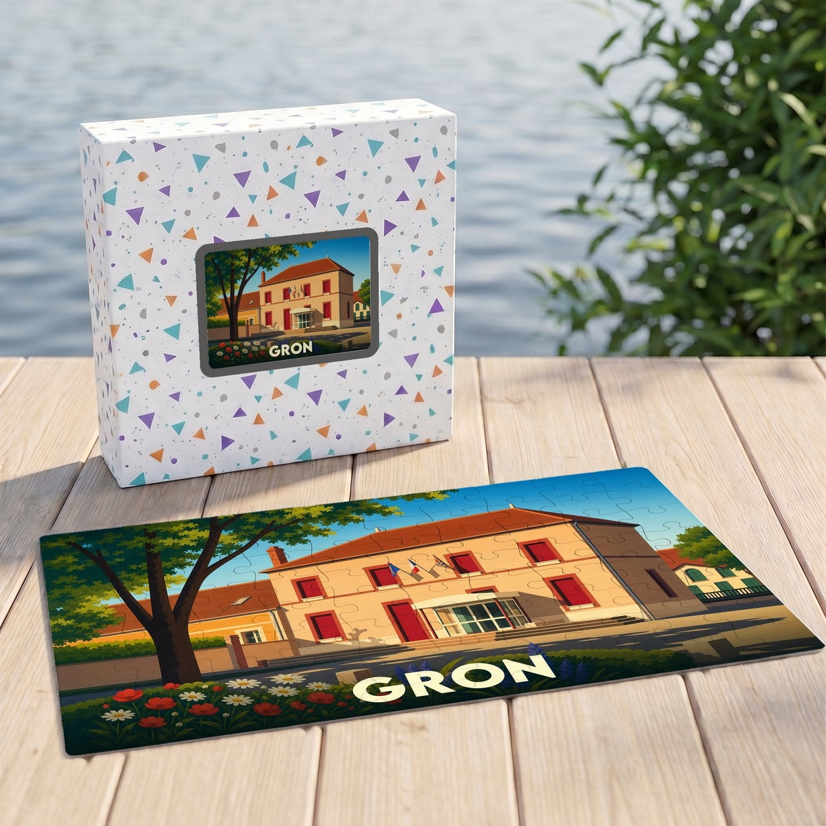 Puzzle souvenir de la ville de Gron avec une illustration stylisée.
