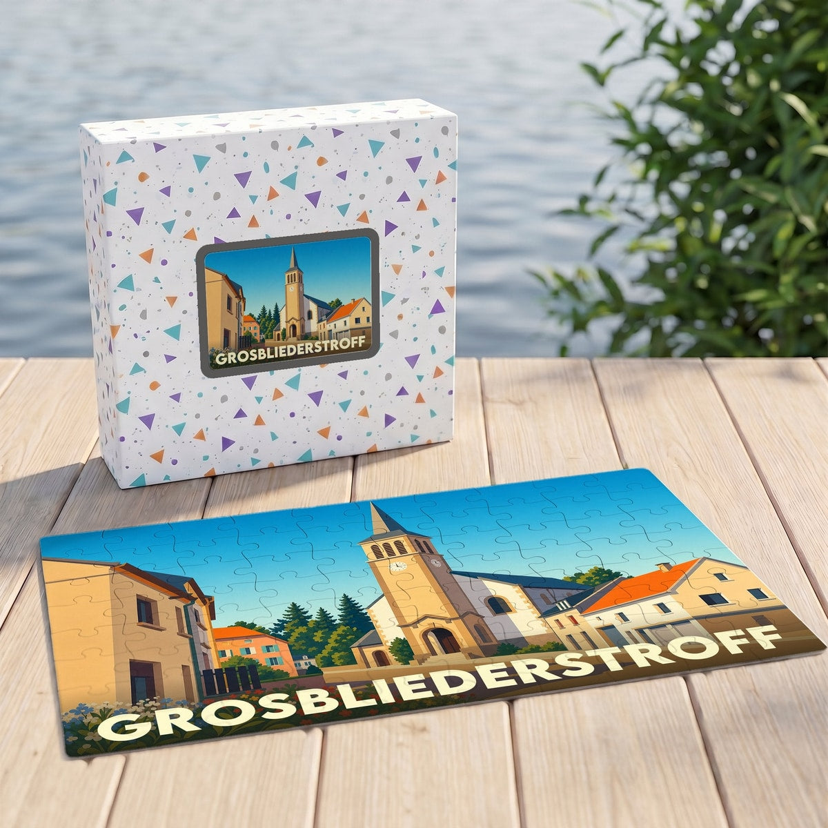 Puzzle souvenir de la ville de Grosbliederstroff avec une illustration stylisée de son église et de ses maisons.