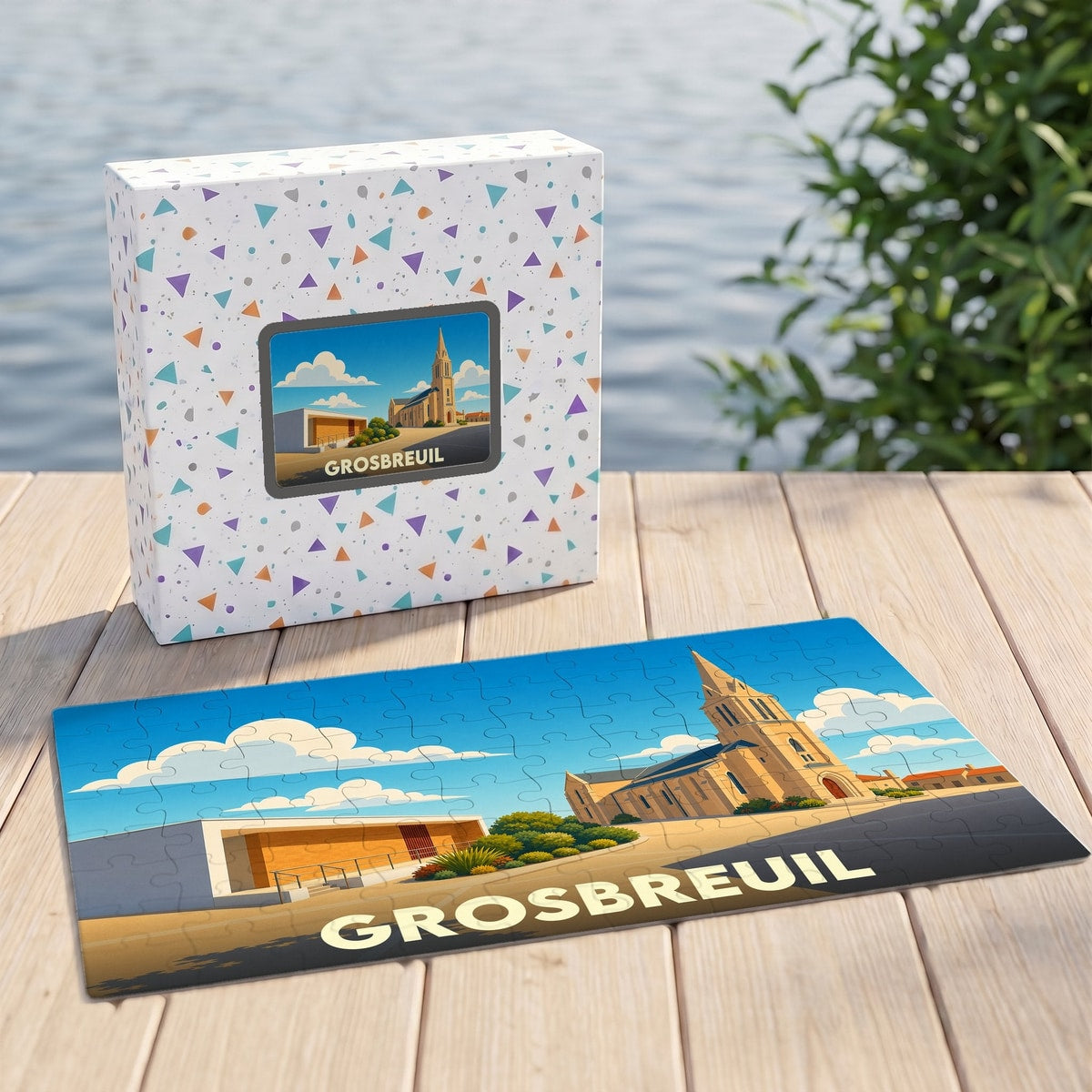 Puzzle souvenir de la ville de Grosbreuil avec une illustration stylisée.