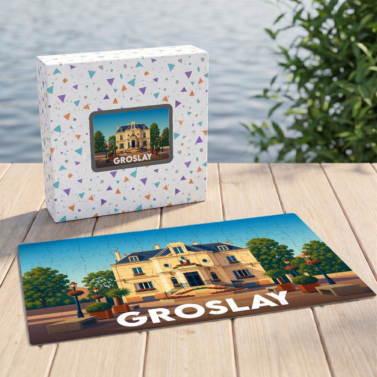 Puzzle souvenir de la ville de Groslay avec une illustration stylisée d'un bâtiment remarquable.