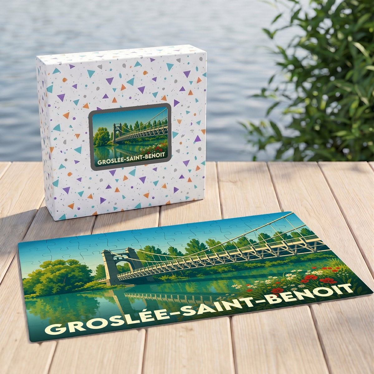 Puzzle souvenir de la ville de Groslée-Saint-Benoit avec une illustration stylisée de son pont suspendu.