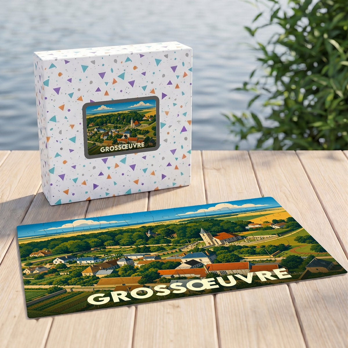 Puzzle souvenir de la ville de Grossœuvre illustrant un paysage de campagne stylisé.