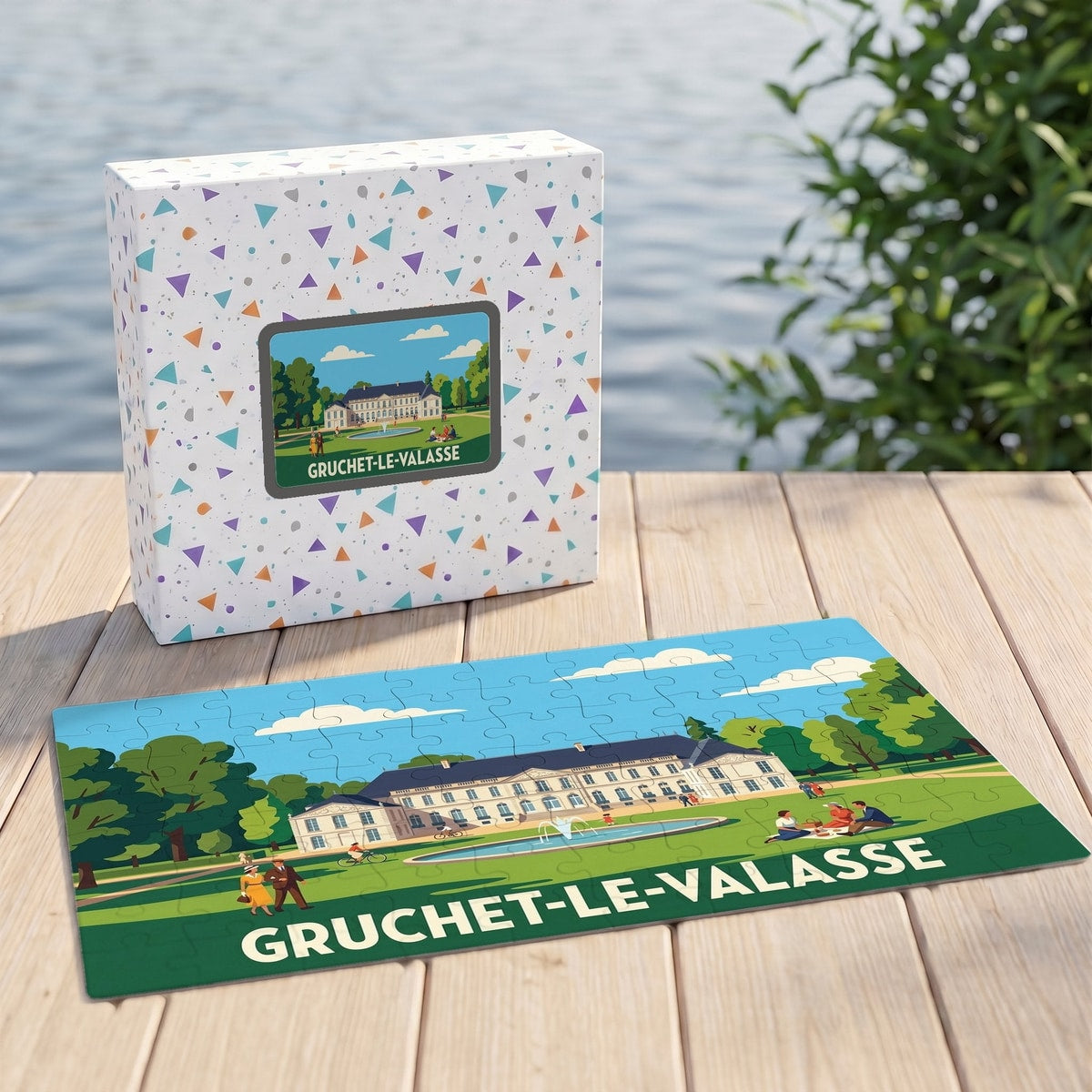 Puzzle souvenir de la ville de Gruchet-le-Valasse avec une illustration stylisée de l'abbaye du Valasse.